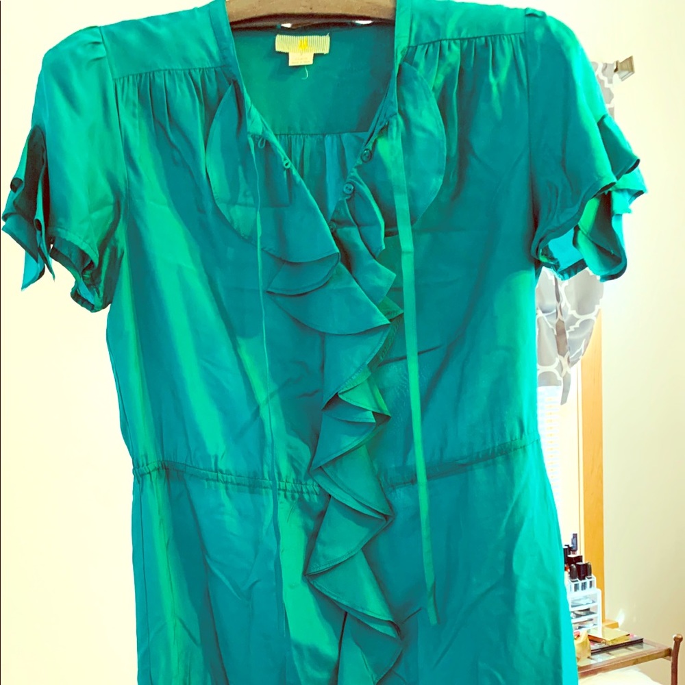 Anthropologie 100% silk ruffled green dress 4